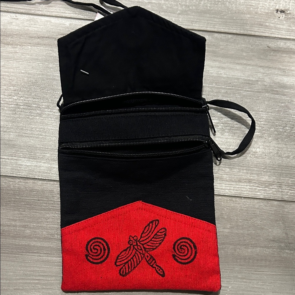 NWT Fair Trade Dragonfly Crossbody Bag Black Red Embroidered Artisan Purse